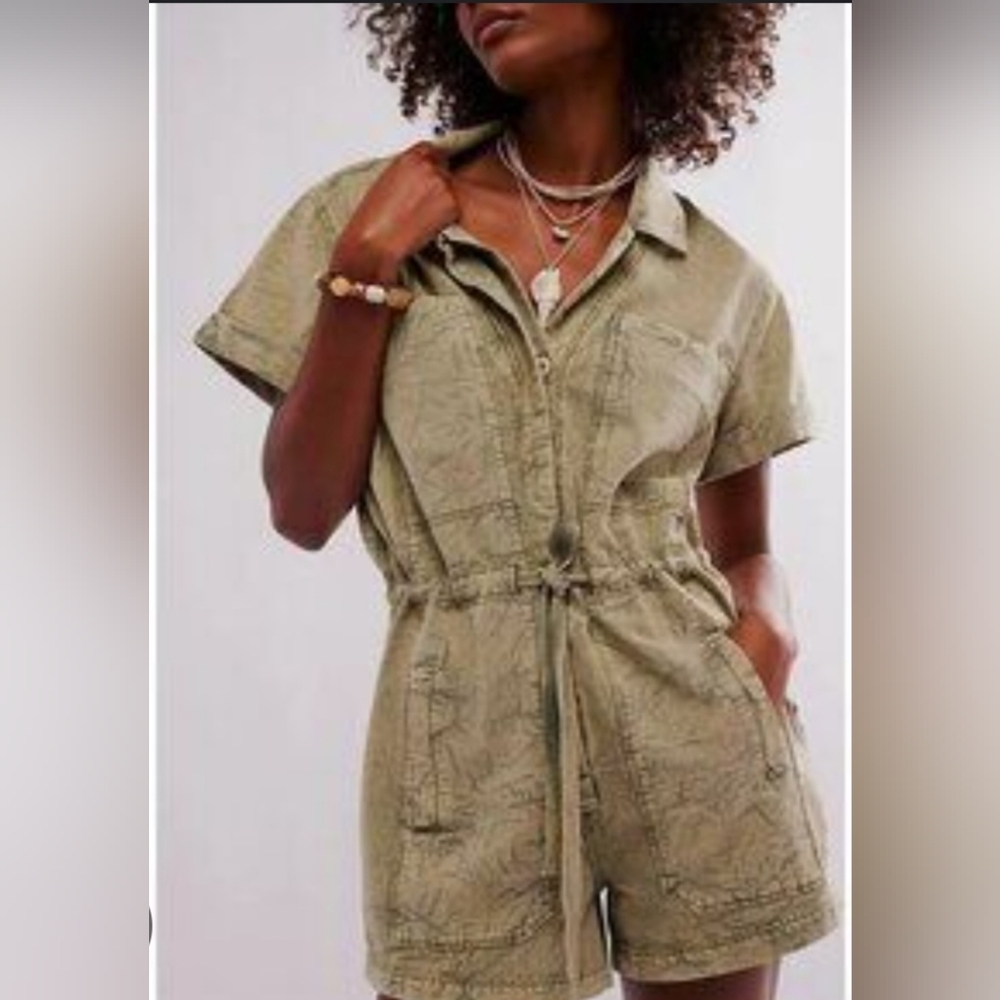 Free Peopla Rhodes Chino Coverall - Moss Stone  Stylish Olive Green Romper